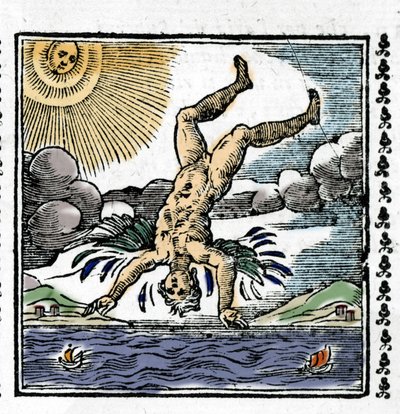 La caída de Ícaro - La caída de Ícaro. Xilografía colorida. Siglo XVI de Unknown artist