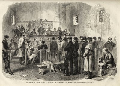 La insurrección feniana, investigación sobre el Sr. Cleary en el juzgado de Kilmallock - 1867 - Un juicio de fenianos ante el Tribunal de Kilmallock en Irlanda - 1867 - grabado de “El Universo Ilustre” de 1867 de Unknown artist