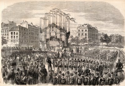 Las fiestas en París, entrada del ejército de Italia en París, Arco de Triunfo en la Place de la Bastille, representando la fachada de la Catedral de Milán - Retorno de las tropas después del Risorgimento, París de Unknown artist