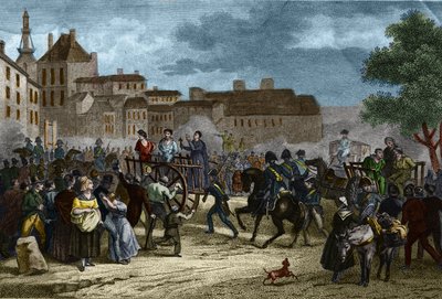Los Cuatro Sargentos llevados al cadalso: los Cuatro Sargentos (Bories, Pomier, Raoulx y Goudin) de La Rochelle acusados bajo la Restauración de querer derrocar la monarquía y guillotinados en 1822. Su crimen es pertenecer a la Carbonería de Unknown artist