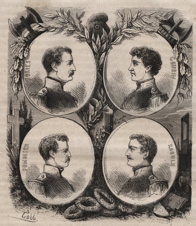 Los Cuatro Sargentos (Jean Francois Bories (1795-1822), Jean Joseph Pommier (1796-1822), Marius Claude Raoulx (1797-1822)) y Charles Goubin (1798-1822) de La Rochelle acusados bajo la Restauración de querer derrocar la monarquía y guillotinados en 1822 de Unknown artist
