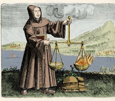 El monje franciscano, filósofo y alquimista Roger Bacon (Doctor Mirabilis) (1214-1294) realizando un experimento. Grabado de "Symbola aureae mensae duodecim nationum" de Michael Mayer 1617 de Unknown artist