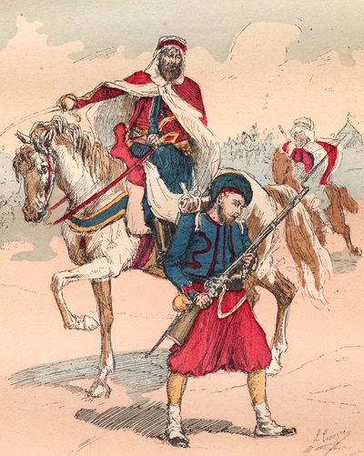 El ejército francés bajo el reinado de Luis Felipe de 1830 a 1848 - Zouave y Spahi - Grabado de 1882 en “Histoire de dix ans: 1830-1840” Louis-Blanc (1811-1882) de Unknown artist