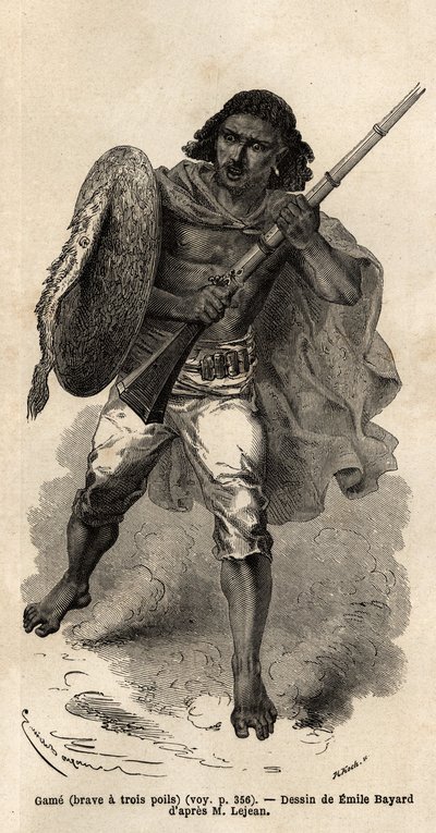 El Juego, o valiente tiene tres cabellos, soldado abisinio con fusil. Grabado para ilustrar el viaje a Abisinia, en 1862 por Guillaume Lejean, en "Le tour du monde, nouveau journal des voyages" publicado bajo la dirección de Edouard Charton de Unknown artist