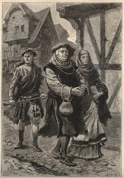 El guantero acompañando a su hija a la iglesia - ilustración del siglo XIX para la novela histórica “La Bella Doncella de Perth o el Día de San Valentín (o La Hermosa Doncella de Perth) de Unknown artist