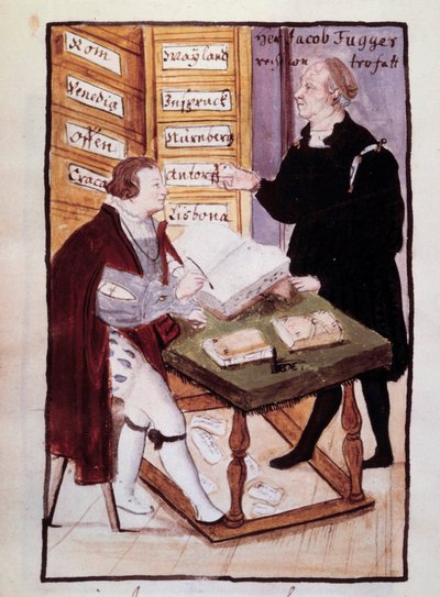 El banquero alemán Jacob Fugger en su oficina con su contador alemán Matthaus Schwarz de Unknown artist