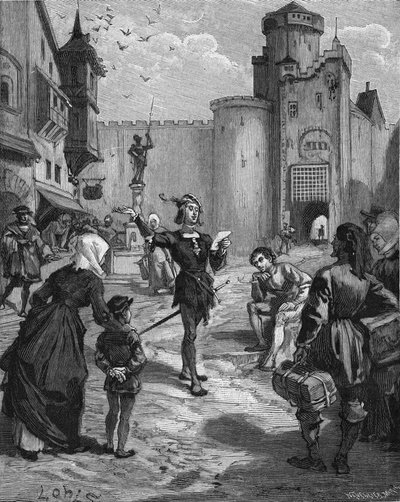 El caballero alemán, poeta y humanista Ulrich von Hutten (1488-1523) declamando uno de sus poemas en la calle. Grabado del siglo XIX. En “Histoire de France” de Jules Michelet de Unknown artist