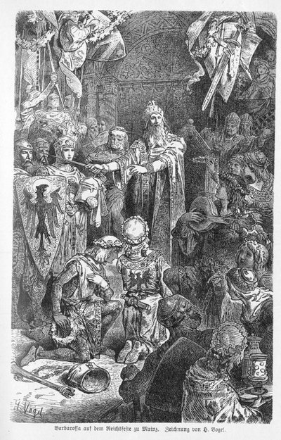 El Gran Emperador Federico Barbarroja sostiene su corte en Maguncia - Federico I de Hohenstaufen, llamado Federico Barbarroja (1122-1190) recibido en Maguncia por el obispo Gerard de Wurzburgo - Grabado en “Kaiser, König und Papst” de Richard Roth de Unknown artist