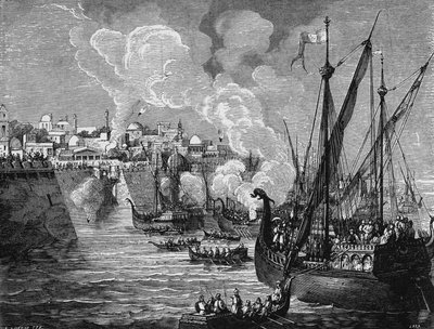 El fuego griego utilizado por los sitiadores y los sitiados en el sitio de Constantinopla por Mahoma II en 1453. En “Álbum de la Ciencia”, Éditions Jouvet. de Unknown artist