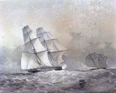 El bergantín HMS Acorn de 16 cañones persiguiendo al Negrier Gabriel de Unknown artist