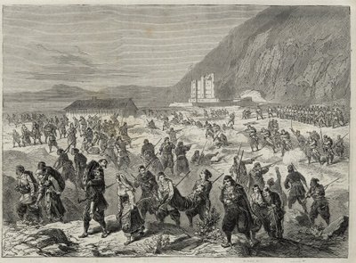 La Insurrección en Dalmacia (las Bocas de Cattaro) - insurrección contra el reclutamiento impuesto por el gobierno austriaco - EVENTOS EN DALMACIA. INSURGENTES ATACANDO EL FUERTE ESTATAL TRINITA, CERCA DE CATARO (Bocas de Kotor) - Bahía de Kotor - 1869 de Unknown artist