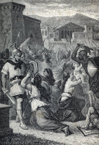 La intervención de las mujeres sabinas. Grabado 1884 de Unknown artist