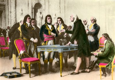El físico italiano Alessandro Volta (1745-1827) presenta su pila a Napoleón Bonaparte. 1801. Colección privada de Unknown artist