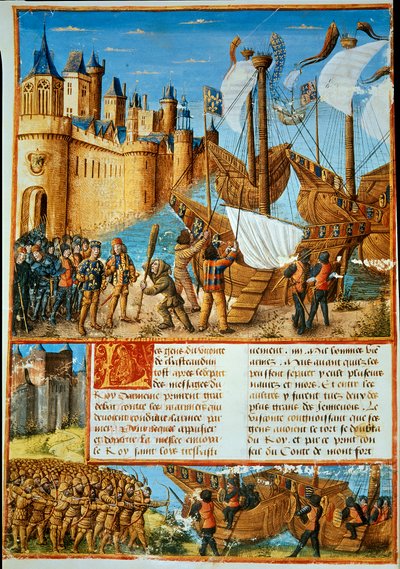 El rey de Francia Luis IX (San Luis) (1214-1270) embarcando en la séptima cruzada. Miniatura tomada de “Les passages faits Outremer par les Français contre les Turks et autres Sarrazins et Moures Outremarine” por Sebastien Mamerot de Unknown artist