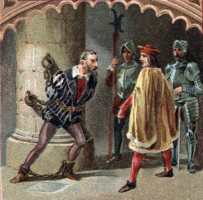 El Rey de Francia Luis XII tiene a Ludovico María Sforza, conocido como el Moro (1452-1508) encerrado en el castillo de Loches, en Touraine. Cromolitografía de finales del siglo XIX de Unknown artist
