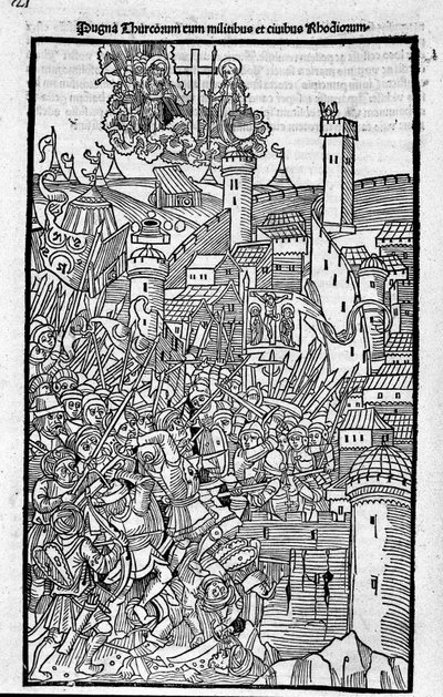 Los Caballeros de Rodas (la Orden de los Hospitalarios de San Juan de Jerusalén) atacando Rhode Island en "Rhodiorum Historia" de Guilelmus Caorsin, Ulmae, Joh. Reger 24 de octubre de Unknown artist