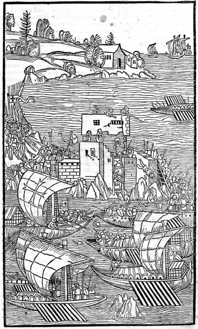 Los Caballeros de Rodas (la Orden de los Hospitalarios de San Juan de Jerusalén) atacando Rhode Island en “Rhodiorum Historia” por Guilelmus Caorsin, Ulmae, Joh. Reger 24 de octubre de Unknown artist