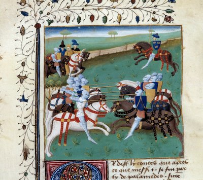 Los caballeros de la Mesa Redonda participando en un torneo caballeresco. Miniatura del manuscrito 