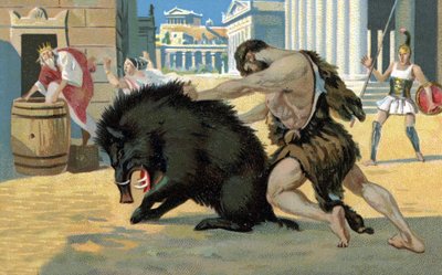 Los trabajos de Hércules: Hércules y el jabalí, principios del siglo XX (cromo) de Unknown Artist