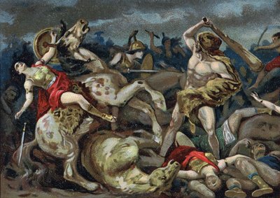 Los trabajos de Hércules: Hércules toma el cinturón a Hipólito, principio del siglo XX (cromo) de Unknown Artist