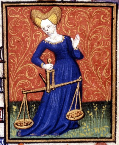 La Libra. Miniatura de un horóscopo. Manuscrito del siglo XV. Bibl. Trivulziana, Milán de Unknown artist