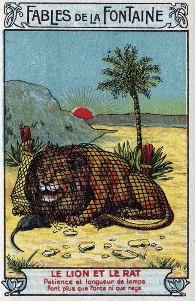 El León y el Ratón - Fábulas de Jean de La Fontaine (1621-95) - Cromolitografía de finales del siglo XIX Colección Privada de Unknown artist