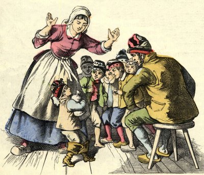 El pequeño Poulet y sus hermanos vuelven a casa con sus padres. Ilustración del cuento “Le Petit Poucet” de Charles Perrault de Unknown artist