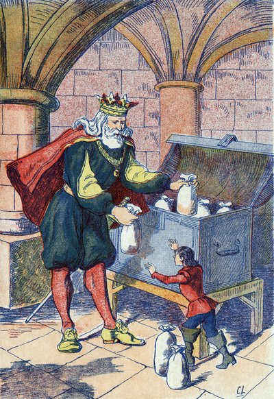 El pequeño Poulet recompensado por el rey. Ilustración para el cuento “Le Petit Poucet” de Charles Perrault (1628-1703), escritor francés. Ilustración anónima. Imágenes de Marcel Vagne, Jarville Nancy, sin fecha (finales del siglo XIX) de Unknown artist