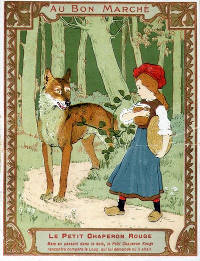Caperucita Roja se encuentra con el lobo - etiqueta publicitaria de Bon Marché de Unknown artist