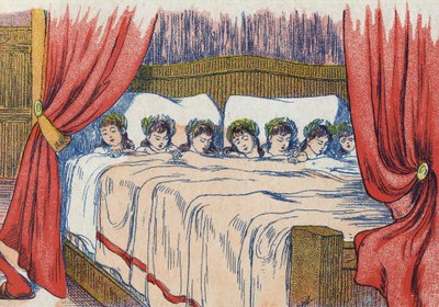 El Pequeño Pulgarcito y sus hermanos duermen, corona en su cabeza. Ilustración de “Le Petit Poucet”, cuento de Charles Perrault (1628-1703), escritor francés. Ilustración anónima. Imágenes Marcel Vagne, Jarville Nancy, sin fecha (finales del siglo XIX). de Unknown artist