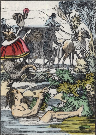 El Marqués de Carabás finge ahogarse mientras el gato con botas pide ayuda. Ilustración del cuento “El gato con botas” de Charles Perrault. de Unknown artist