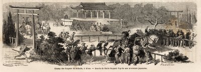 El Mikado (Emperador de Japón) escudero de campo en Kioto (o Kyoto), pista de entrenamiento y entrenamiento para caballos imperiales. Grabado para ilustrar el viaje a Japón, en 1863-1864, por Aime Humbert, ministro de la Confederación Suiza, en “Le tour du de Unknown artist