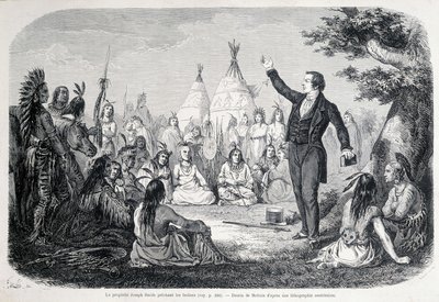El profeta mormón Joseph Smith predicando a los indios (Norteamérica). Ilustración del siglo XIX de Unknown artist