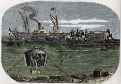 La campana de buceo "Nautilus" del Dr. Antoine Prosper Payerne experimentada en el Sena, París, y luego perfeccionada en los Estados Unidos. Grabado (1858) en Le "Monde illustré" de Unknown artist