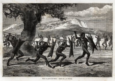 Los Obbos (tribu de Uganda) realizando una danza de guerra. Grabado para ilustrar el viaje al lago Alberto, en 1861-1864, de Sir Samuel White Baker, en "Le tour du monde, nouveau journal des voyages" publicado bajo la dirección de Edouard Charton de Unknown artist