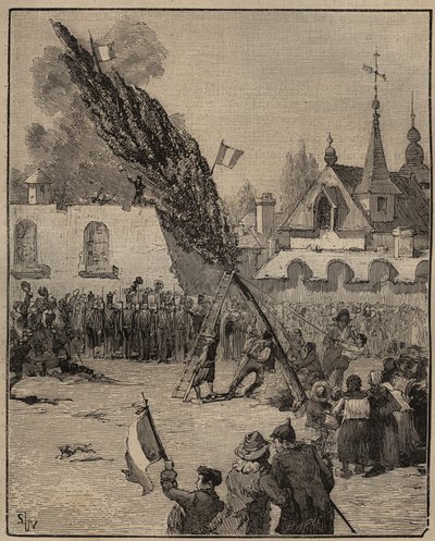 La plantación de un Árbol de la Libertad durante la Revolución (palo de la libertad) - Plantación de un Árbol de la Libertad (álamo) en Francia. Grabado de 1885 en “Les arts et metiers illustres” de Adolphe Bitard. de Unknown artist