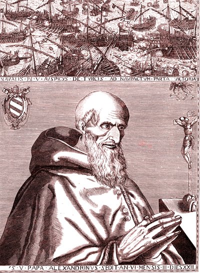 El Papa Pío V hace alianza con la flota española y la flota italiana de Venecia contra los turcos en la batalla de Lepante en octubre de 1571 de Unknown artist