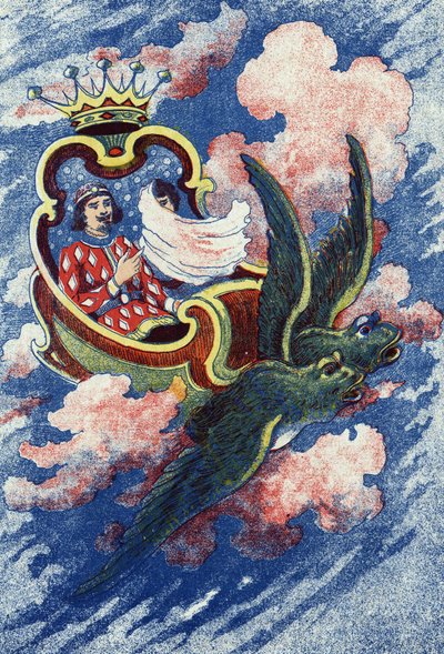 El príncipe y Truitonne van a la Hada Soussio. Ilustración anónima para el cuento El pájaro azul, cuento de Madame d