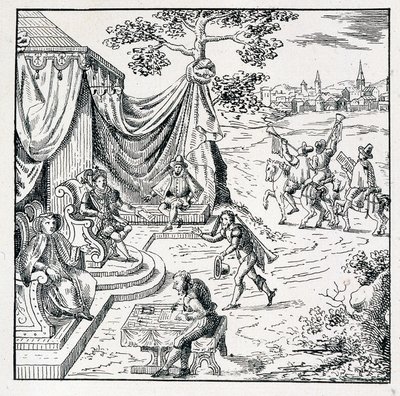 El Príncipe de Condé obtuvo de Carlos IX (1550-1574) un edicto por el cual permitió a los calvinistas ejercer su religión en el reino (Paz de Saint Germain firmada el 08/08/1570) - en “Colección de 39 figuras que representan las calamidades de Francia desd de Unknown artist