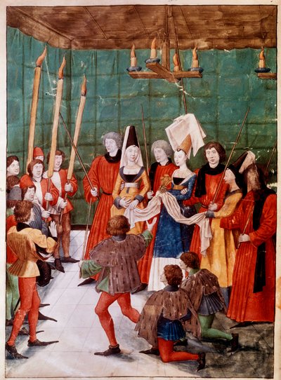 La reina presenta el premio al ganador del Torneo en Miniatura del manuscrito ms. 2695 El Libro de Torneos de René de Anjou por el Maestro del Corazón de Amor Epris (Barthelemy d