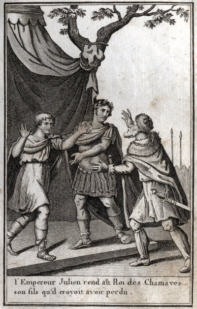 El emperador romano Juliano (Flavio Claudio Juliano, Juliano el Apóstata, Juliano el Filósofo, Juliano II) (332-363) devuelve al rey del pueblo germánico de los Chamavos a su hijo, a quien creía perdido. Siglo IV. Grabado en 