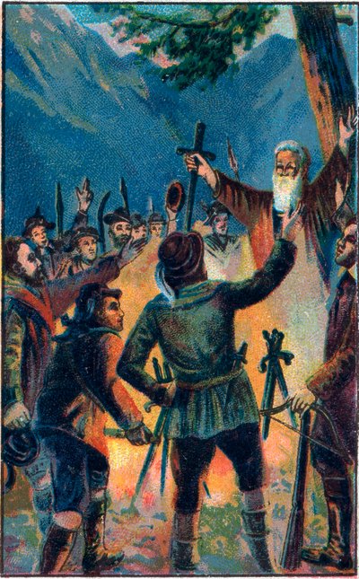 El juramento de Rutli (Rutlischwur) - juramento legendario de la Antigua Confederación Suiza - Los tres confederados suizos jurando lealtad a Ruetli - Le Oath du Grutli (Rutlischwur) (Patto del Grutli) mito fundacional de Suiza en 1307 Cromolitografía de f de Unknown artist