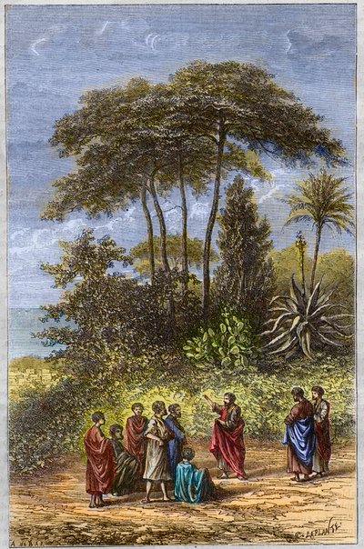 La Escuela de Pitágoras - Pitágoras entre sus discípulos en Crotona - grabado de 1879 de Unknown artist
