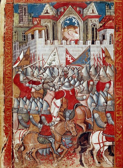 El asedio de Pamplona en España por Carlomagno, ganando contra los sarracenos. Miniatura de 