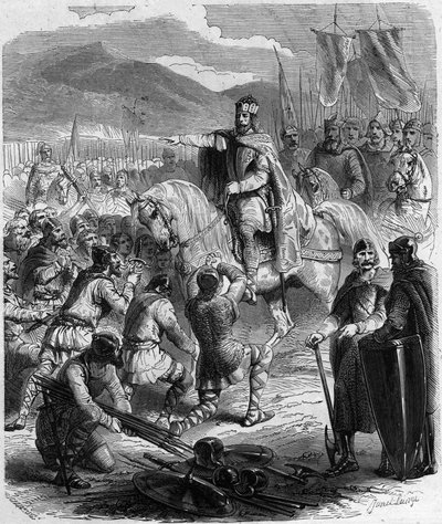 La Sumisión de los Sajones en 785 - Historia de Galia en la Edad Media: los sajones de Germania arrodillados ante el Rey Carlomagno (742-814) vencedor de las guerras - Grabado en 