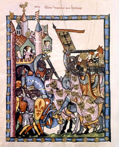El poeta y caballero suizo Graf Werner von Homberg (1284-1320) al servicio del emperador Enrique VII asediando una fortaleza defendida por las tropas angevinas de Sicilia. Miniatura del Códice "Manesse" o "Manessesche Liederhandschrift" de Unknown artist