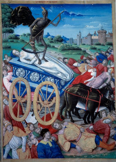 El triunfo de la muerte. Representación alegórica de la Muerte con una guadaña en un enganche, cadáveres yacen en el suelo. Miniatura de “Triunfos, sonetos y canciones” de Petrarca (Francesco Petrarca) de Unknown artist
