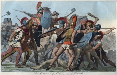 La guerra de Troya - Batalla por el cuerpo de Patroclo - grabado de 