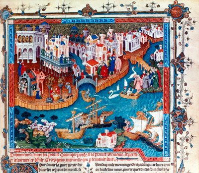 El explorador veneciano Marco Polo, salió de la ciudad de Venecia con su padre y su tío en 1271: se dirigió al Lejano Oriente y tomó la Ruta de la Seda, miniatura de Unknown artist