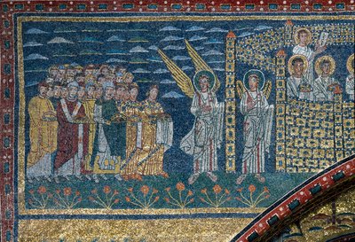 La visión de la Jerusalén celestial: Los elegidos se dirigen hacia la ciudad custodiada por ángeles. (detalle) de Unknown artist